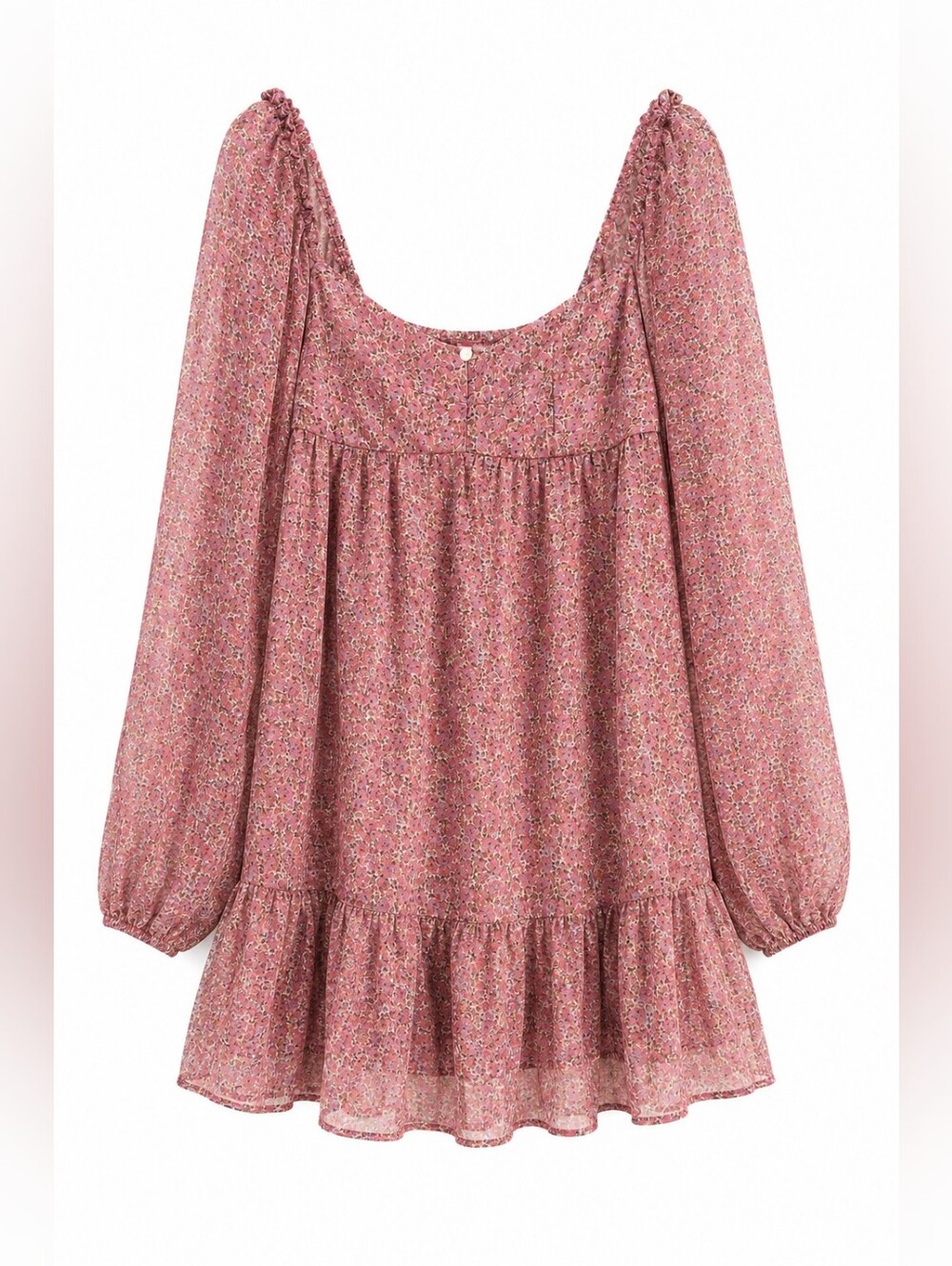 Sky to Moon Mauve Floral Square Neck Mini, Sheer, Balloon Sleeve, Smocked, L